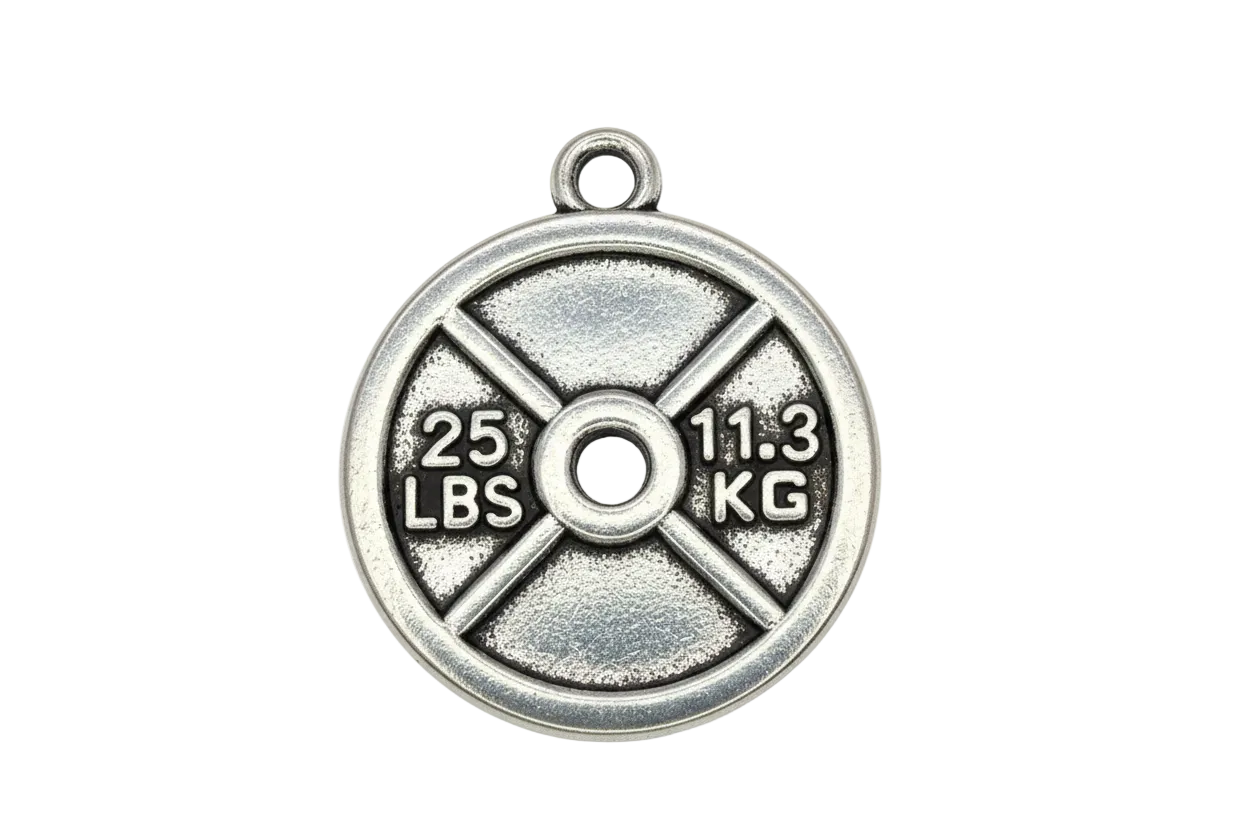 Silver-tone round weight plate disc with engraved 25 LBS and 11.3 KG details