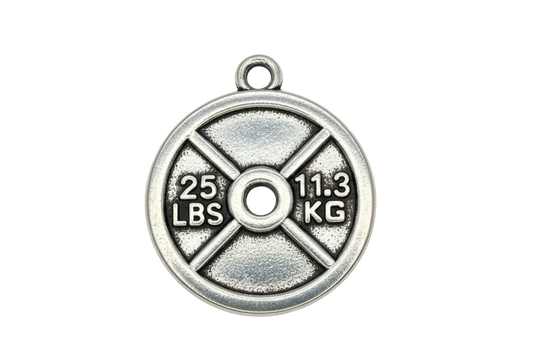 Silver-tone round weight plate disc with engraved 25 LBS and 11.3 KG details