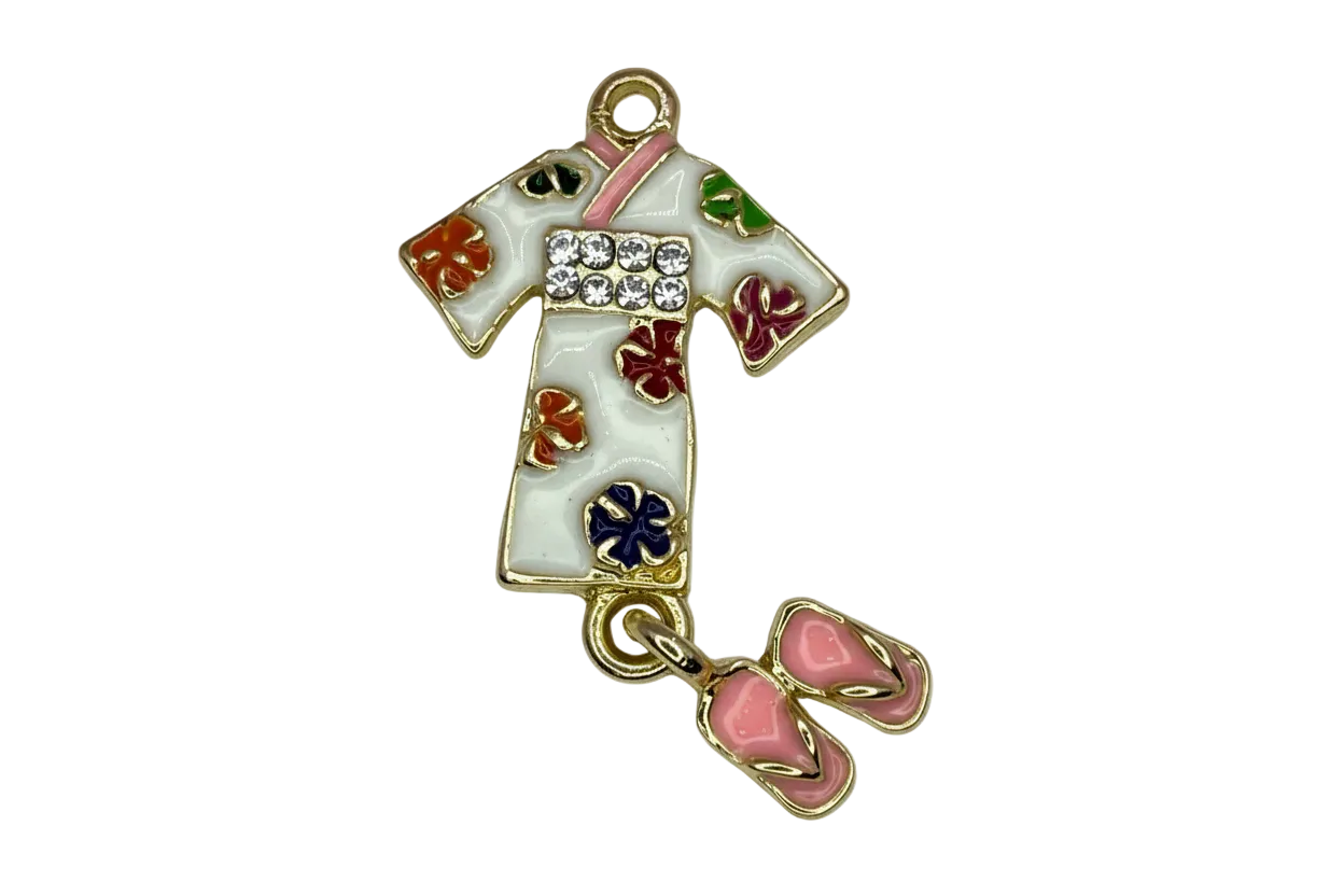 White floral enamel kimono with clear gem band and pink sandals, gold finish