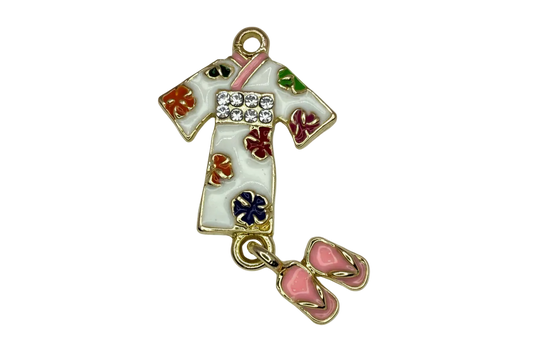 White floral enamel kimono with clear gem band and pink sandals, gold finish