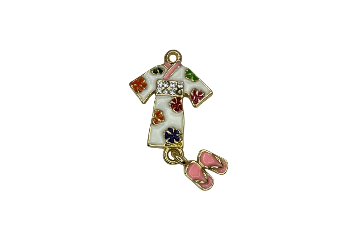 Floral enamel kimono with clear gems and pink sandals in gold