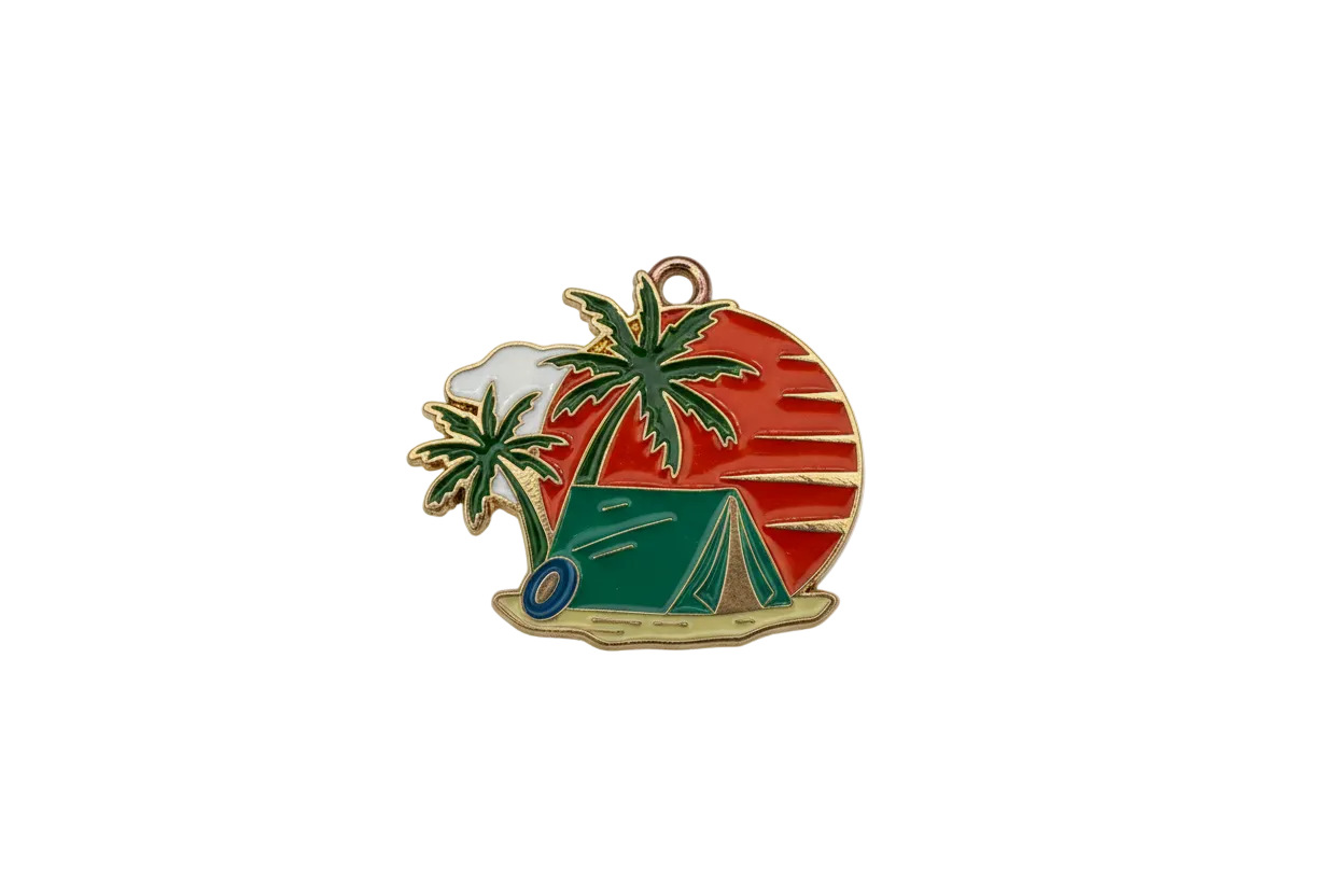 Enamel camping scene with tent and palm trees on red sunset, gold outline