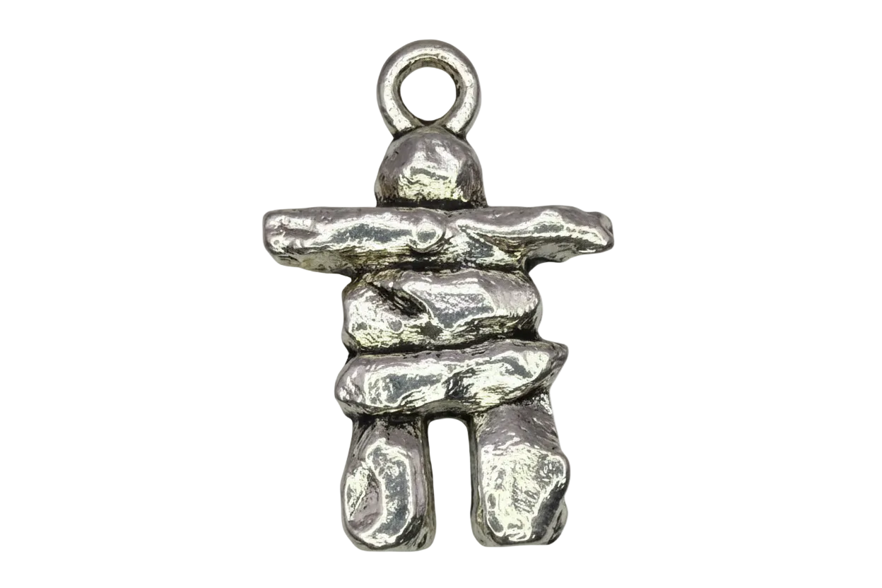 Silver stacked stone figure charm with polished, textured surface