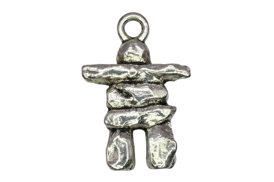 Silver stacked stone figure charm with polished, textured surface