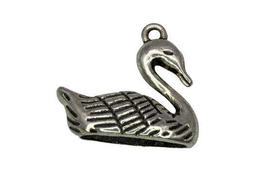 Polished silver swan bird charm with textured wings and oxidized detailing