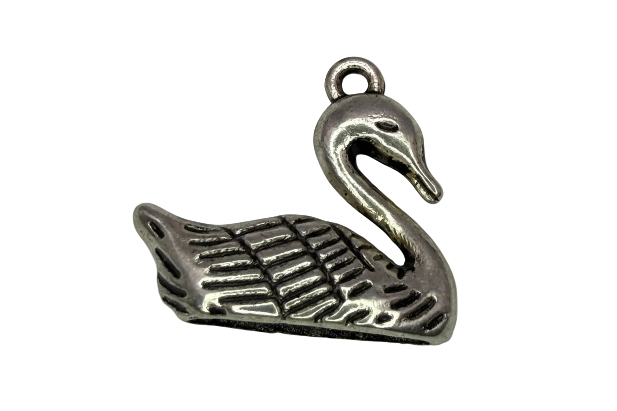 Oxidized silver swan charm with sculpted neck and textured feather wings