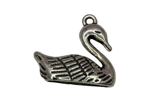 Oxidized silver swan charm with sculpted neck and textured feather wings