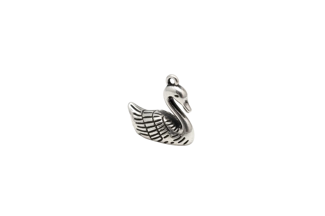 Oxidized silver swan charm with textured feather wings