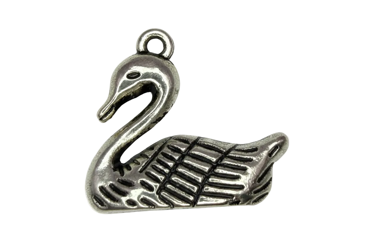 Antiqued silver swan charm with textured wings and polished highlights