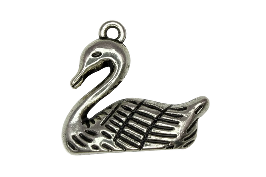 Antiqued silver swan charm with textured wings and polished highlights