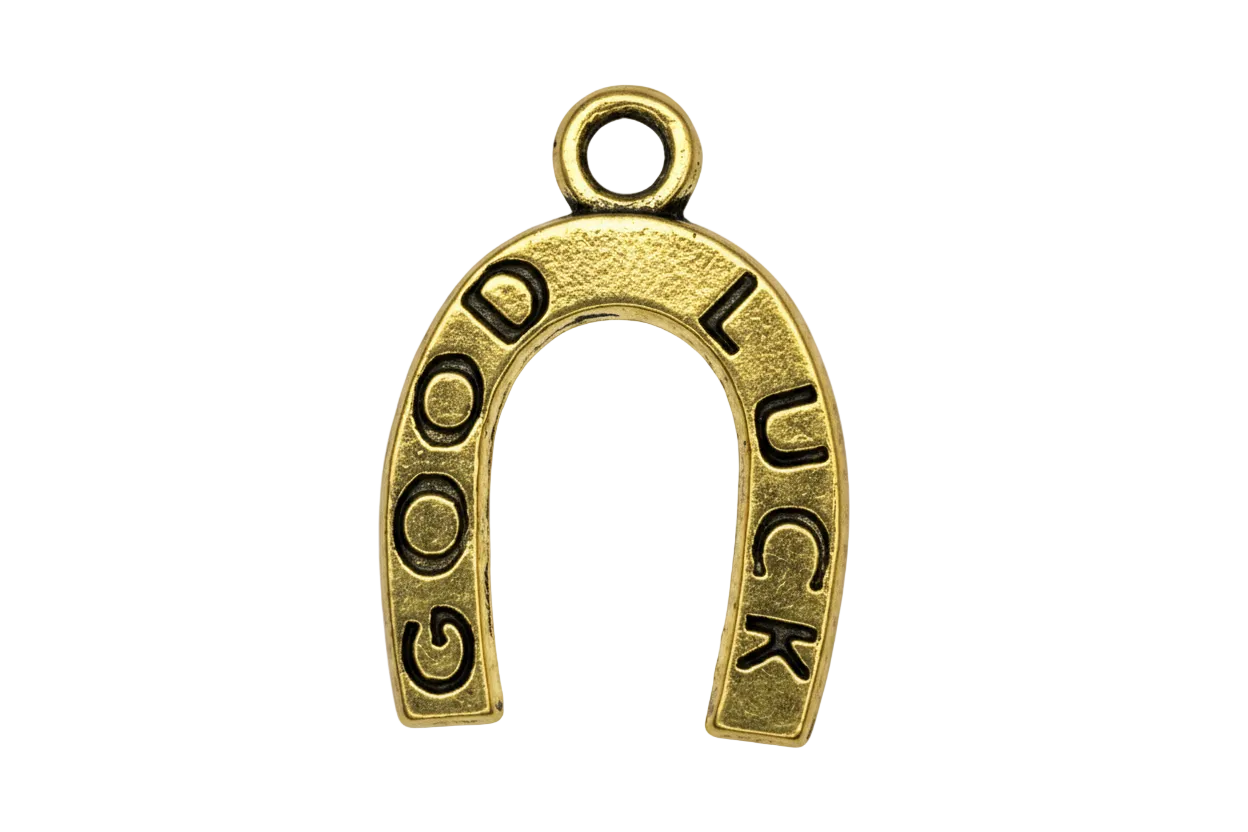 Gold horseshoe with black enamel GOOD LUCK lettering