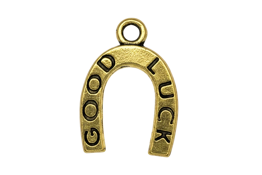 Gold horseshoe with black enamel GOOD LUCK lettering