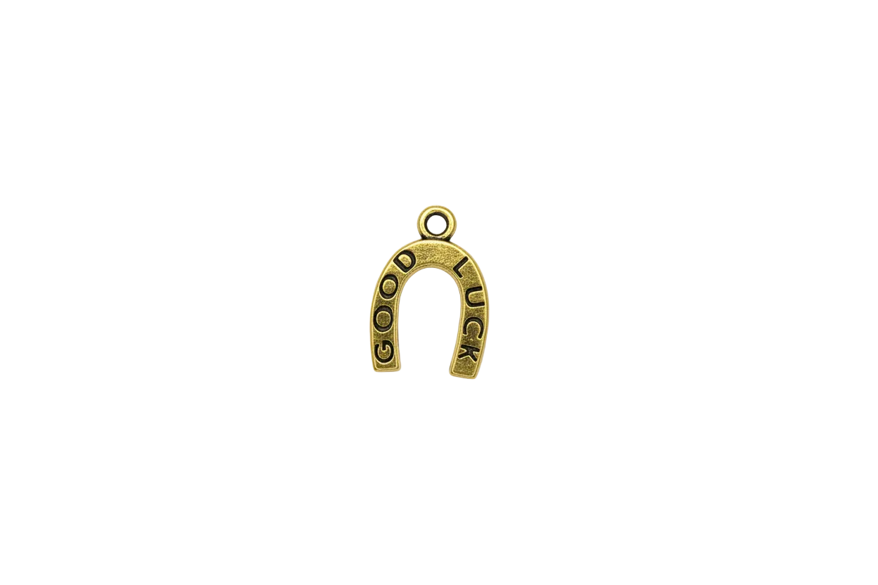Gold horseshoe with black GOOD LUCK lettering