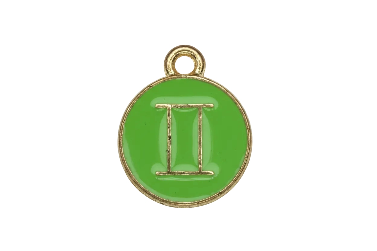 Round green enamel medallion with gold Roman numeral II and gold border