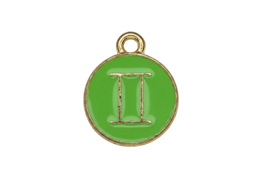 Round green enamel medallion with gold Roman numeral II and gold border