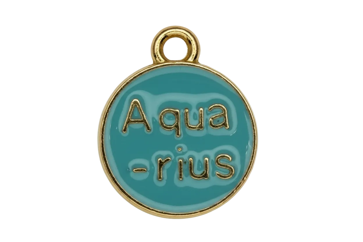 Teal enamel Aquarius zodiac round medallion with raised gold lettering