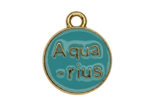 Teal enamel Aquarius zodiac round medallion with raised gold lettering