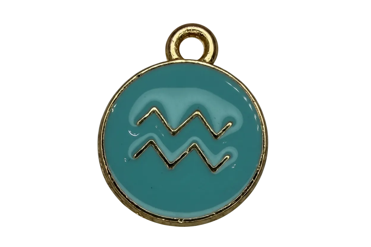 Teal enamel round disc with gold Aquarius zodiac symbol