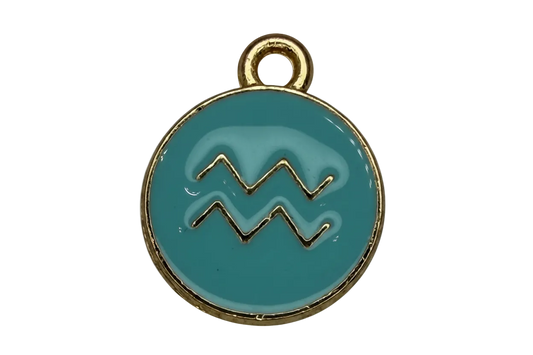 Teal enamel round disc with gold Aquarius zodiac symbol