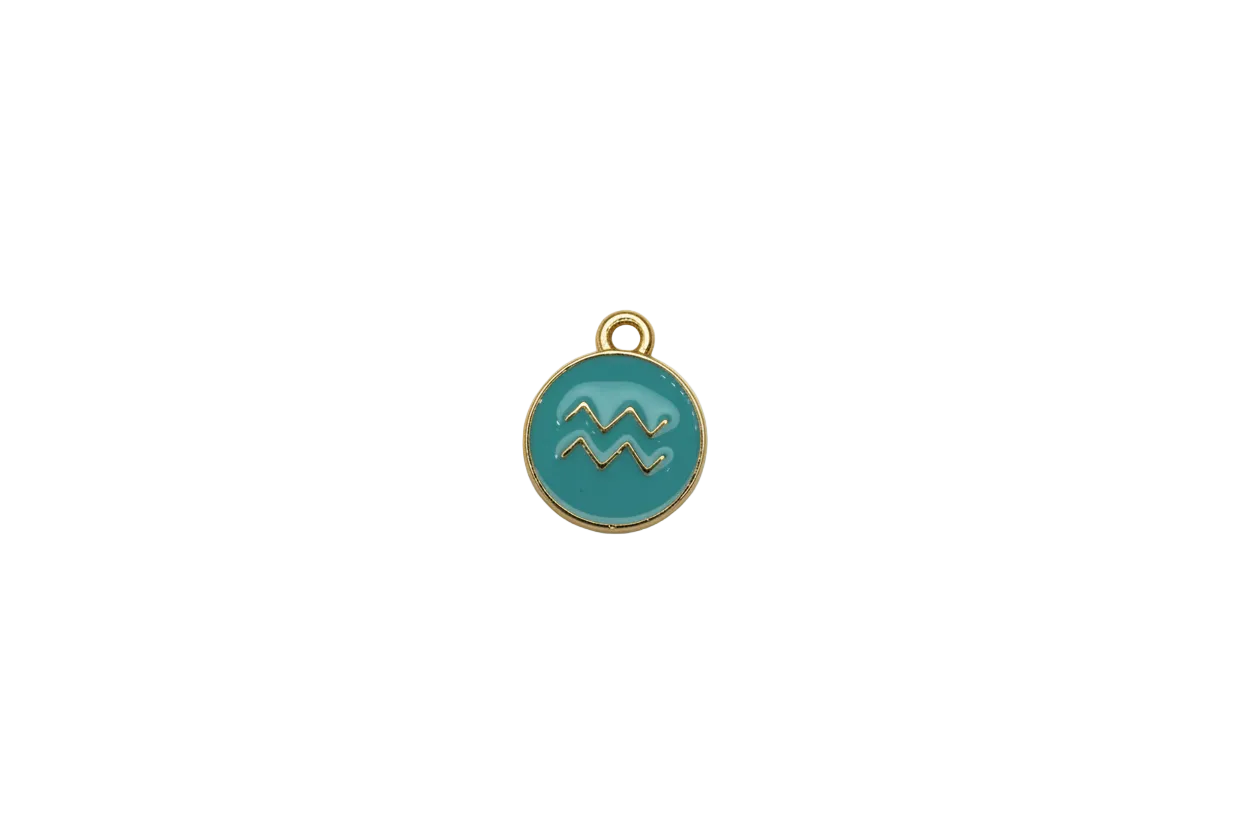 Teal disc with gold Aquarius zodiac symbol