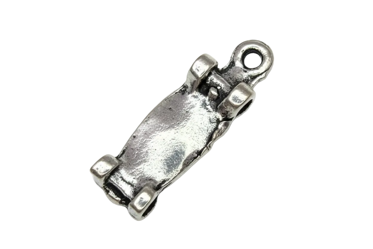 Antiqued silver skateboard pendant with raised wheel details
