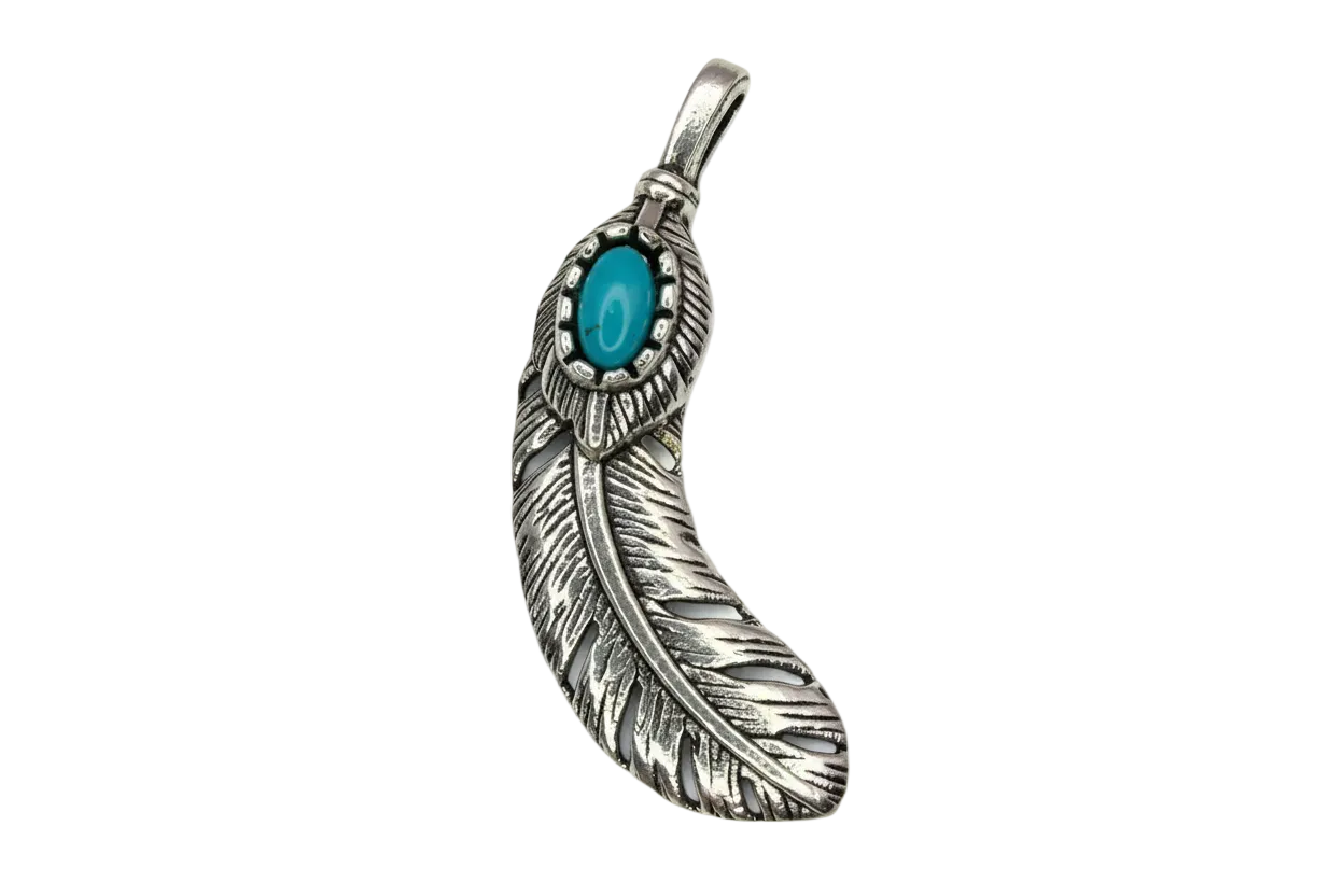 Oxidized silver feather charm with oval turquoise-colored gem accent