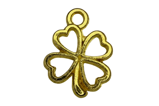 Gold openwork four-leaf clover with heart-shaped leaves, polished finish