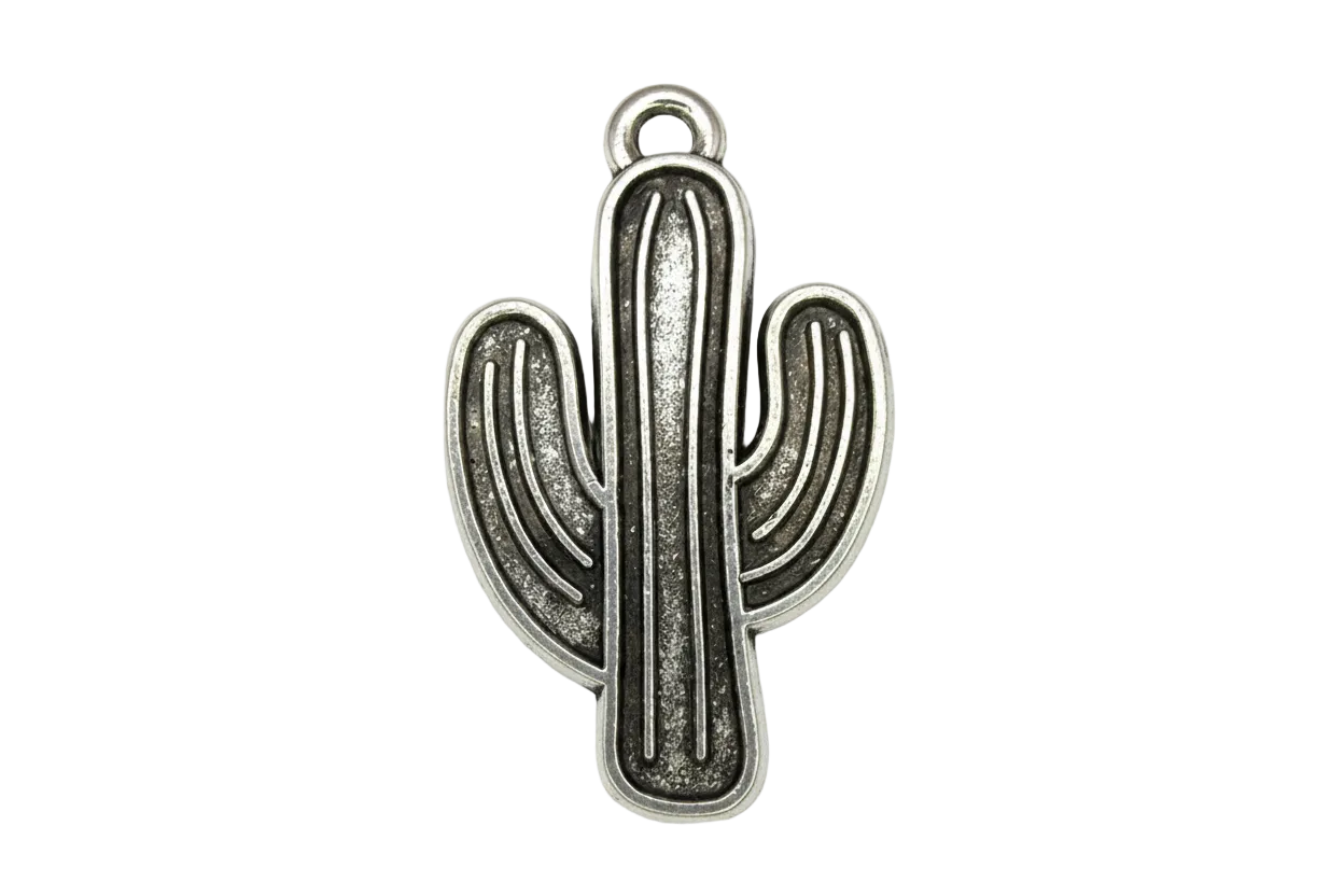 Oxidized silver cactus motif with engraved line detailing