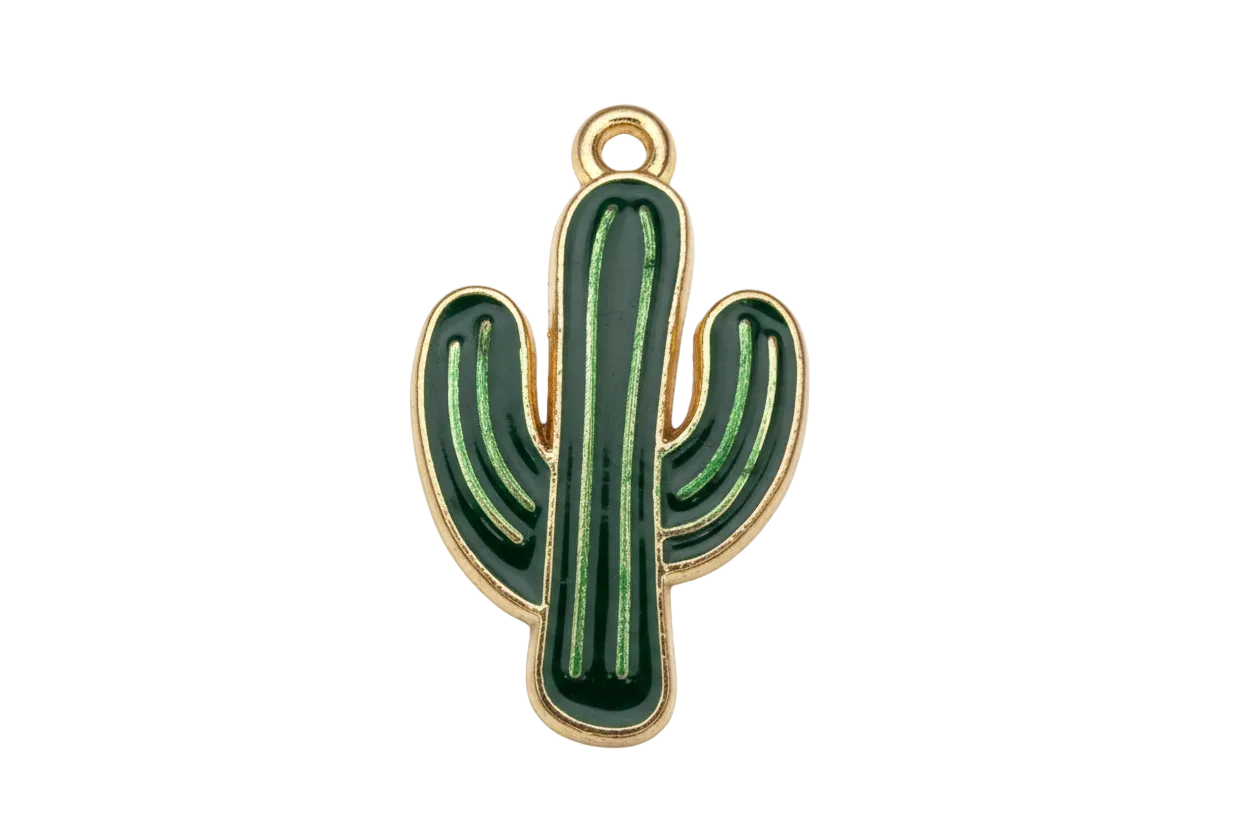 Glossy deep green cactus charm with bright green lines and gold outline