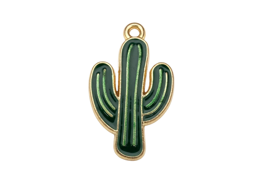 Glossy deep green cactus charm with bright green lines and gold outline