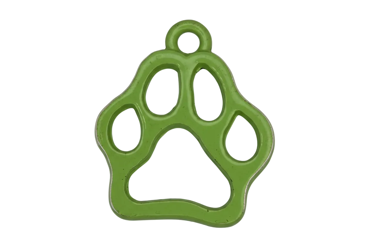 Glossy lime green paw print outline charm with cutout pads
