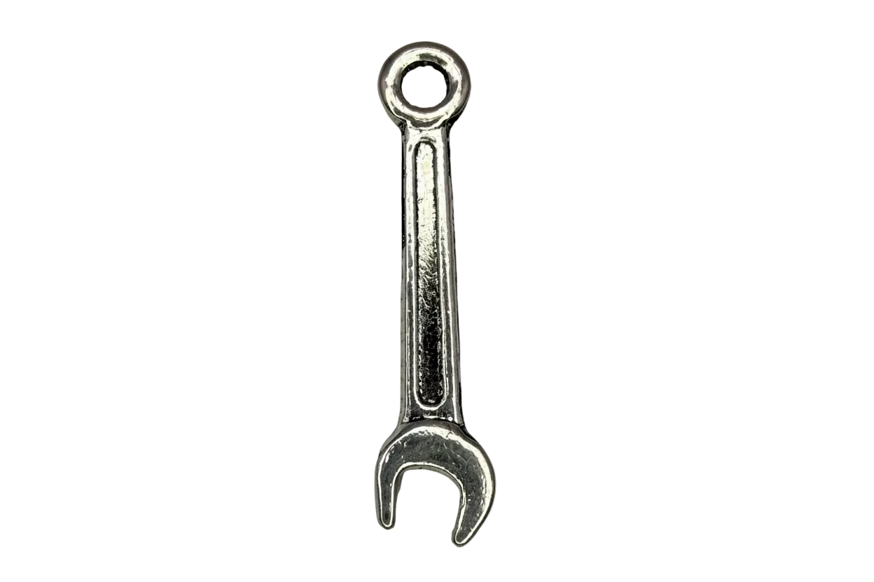 Polished silver mini open-end wrench motif with recessed detailing on black background