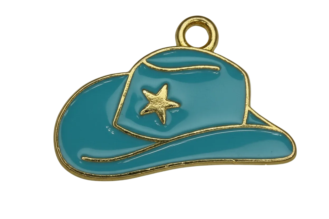 Teal enamel cowboy hat charm with gold outline and star detail