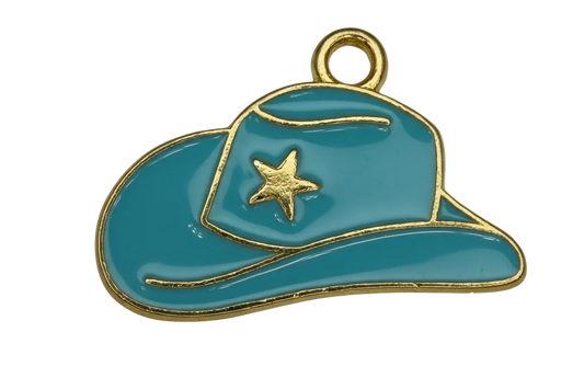 Teal enamel cowboy hat charm with gold outline and star detail