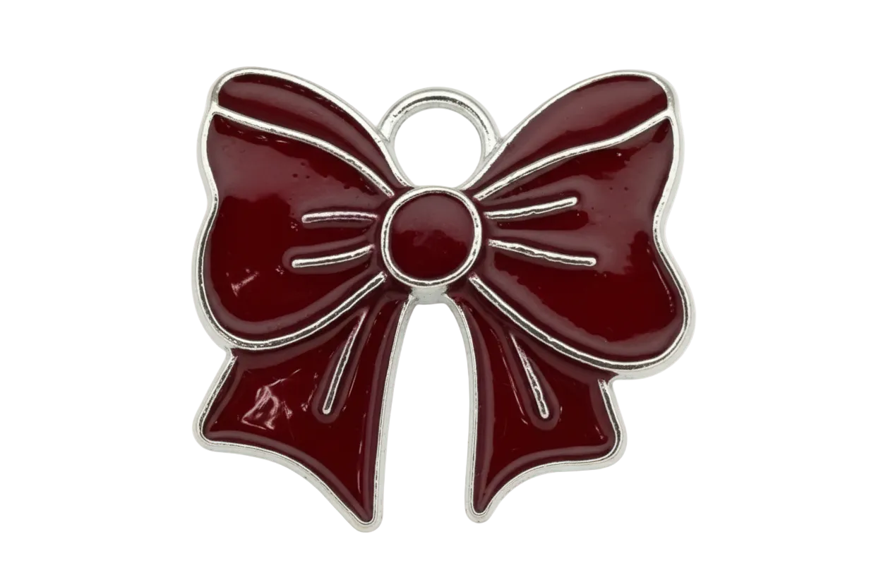 Glossy burgundy enamel bow with silver-toned outline and ribbon detailing