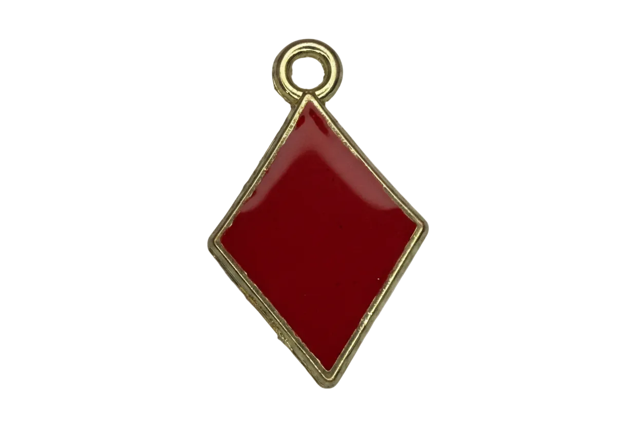 Glossy red diamond-shaped enamel tile with gold border