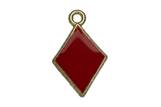 Glossy red diamond-shaped enamel tile with gold border