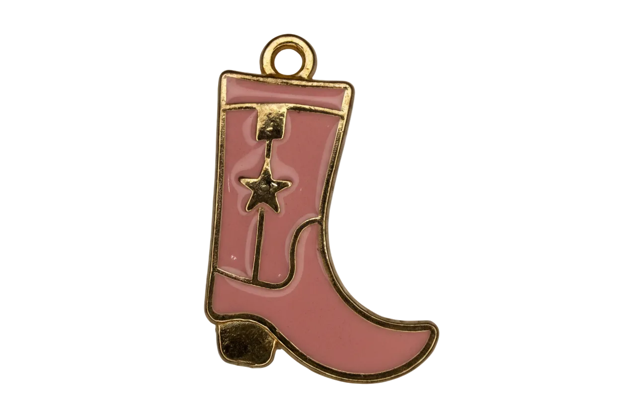 Pink enamel western boot charm with gold outline and star detail