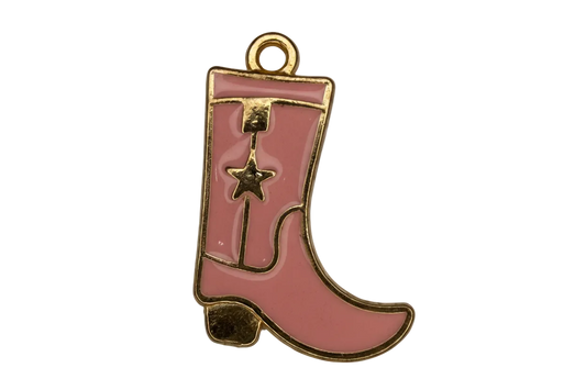 Pink enamel western boot charm with gold outline and star detail