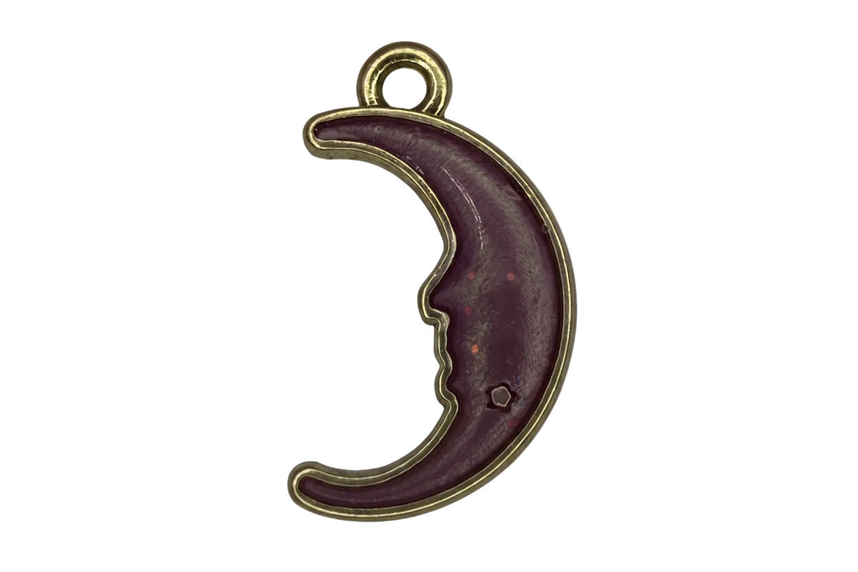 Deep purple enamel crescent moon with gold outline, speckled details, and a tiny star accent