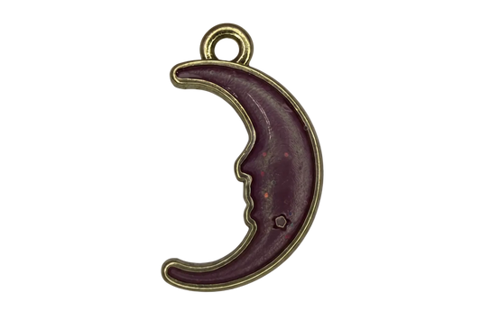 Deep purple enamel crescent moon with gold outline, speckled details, and a tiny star accent