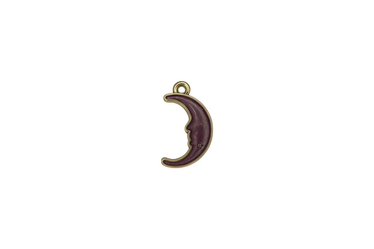 Purple enamel crescent moon with gold outline and star detail