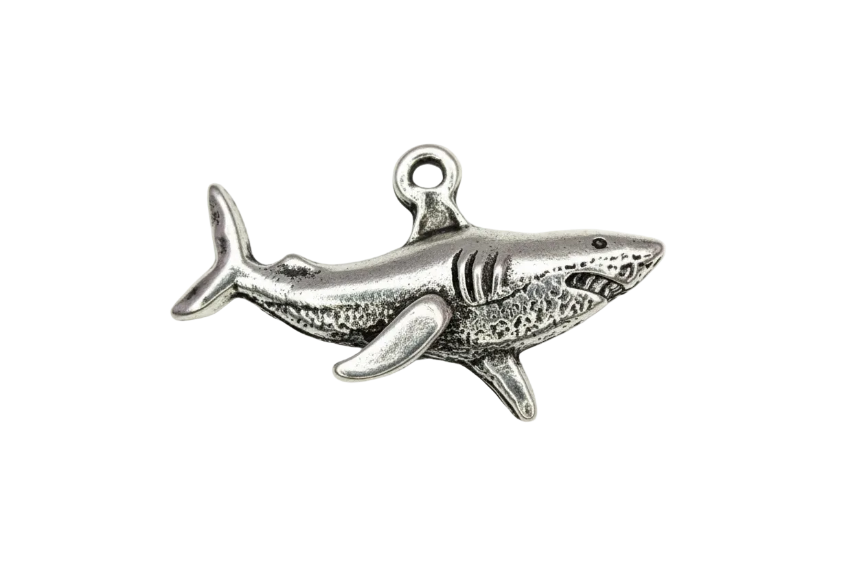 Oxidized silver shark charm with textured body and raised fins