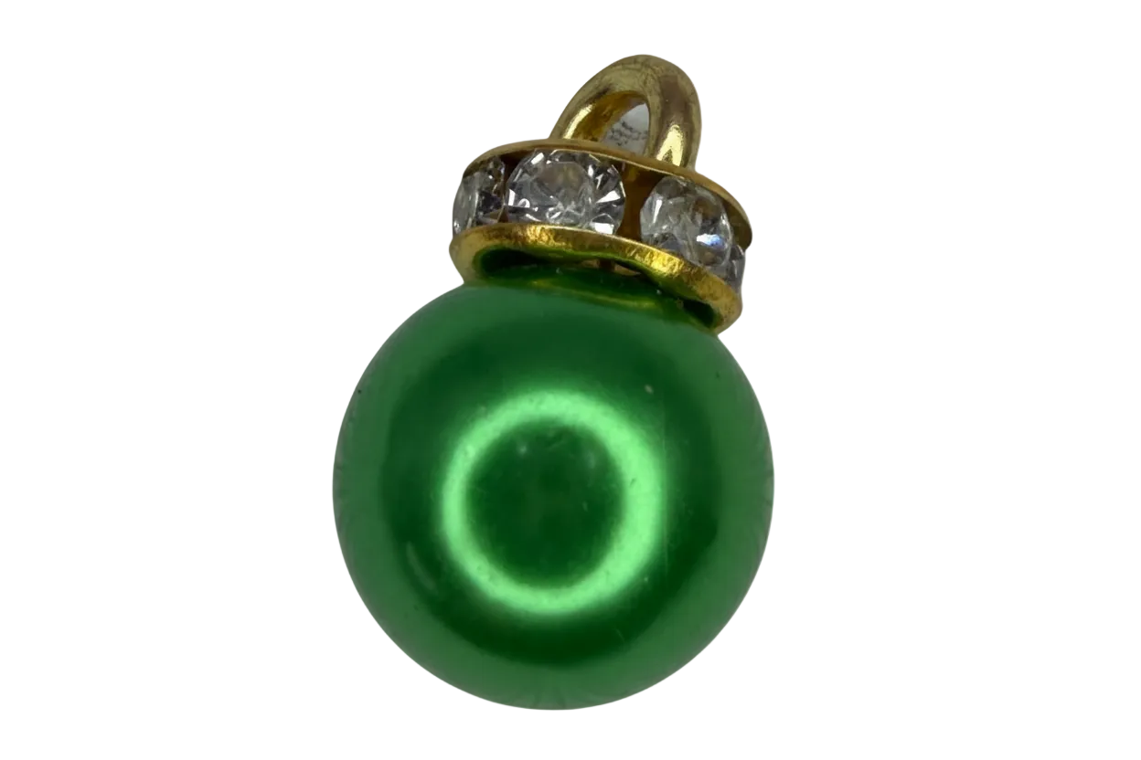Emerald green pearl bead with polished gold detailing and clear crystal accents