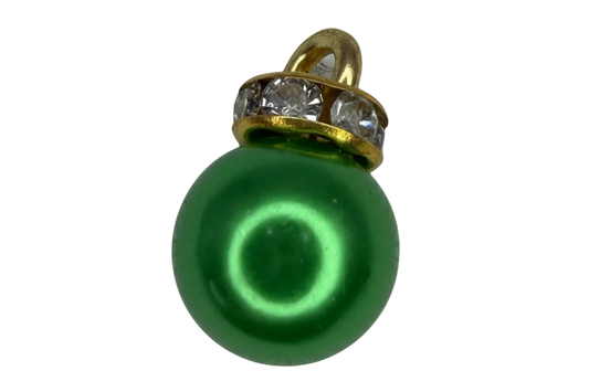 Emerald green pearl bead with polished gold detailing and clear crystal accents