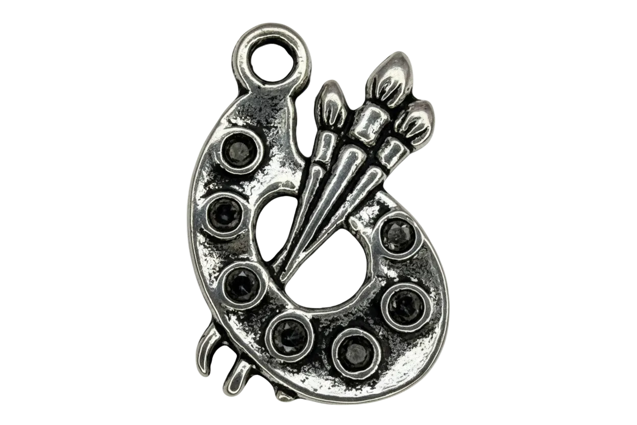Antiqued silver artist palette charm with three paintbrush details and raised paint wells