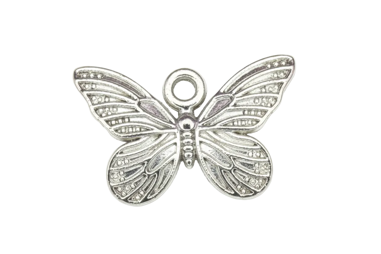 Silver butterfly charm with engraved, textured wings