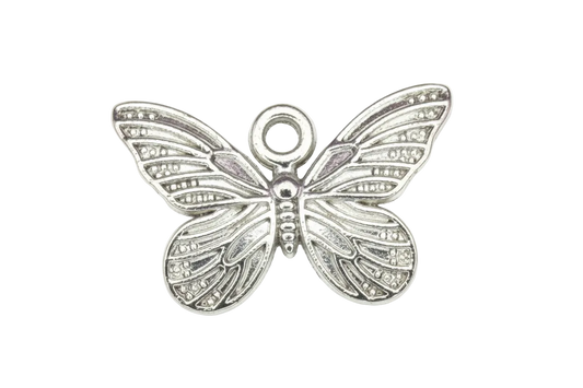 Silver butterfly charm with engraved, textured wings