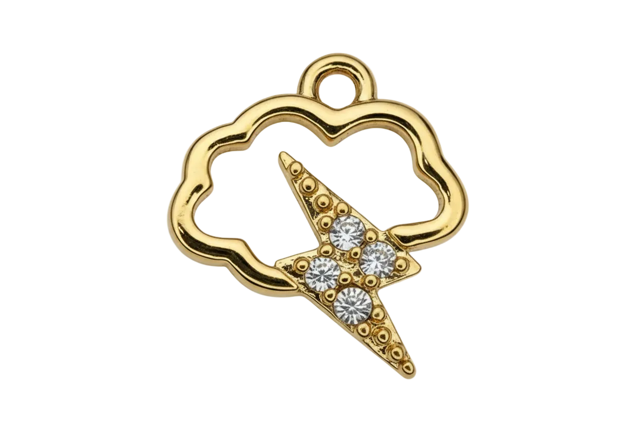 Gold storm cloud charm with white inlay and lightning bolt set with clear crystals