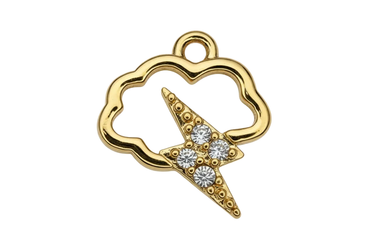 Gold storm cloud charm with white inlay and lightning bolt set with clear crystals